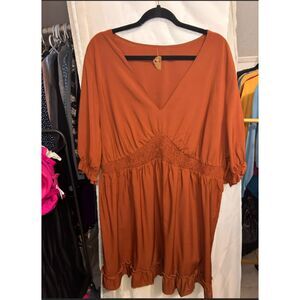 521 Women's Rust Smocked Waist Ruffle Hem Dress – Puff Sleeve Fall Dress